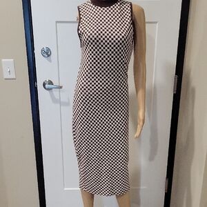 Zara Sleeveless Checkerboard Knit Midi Dress in Brown and Cream